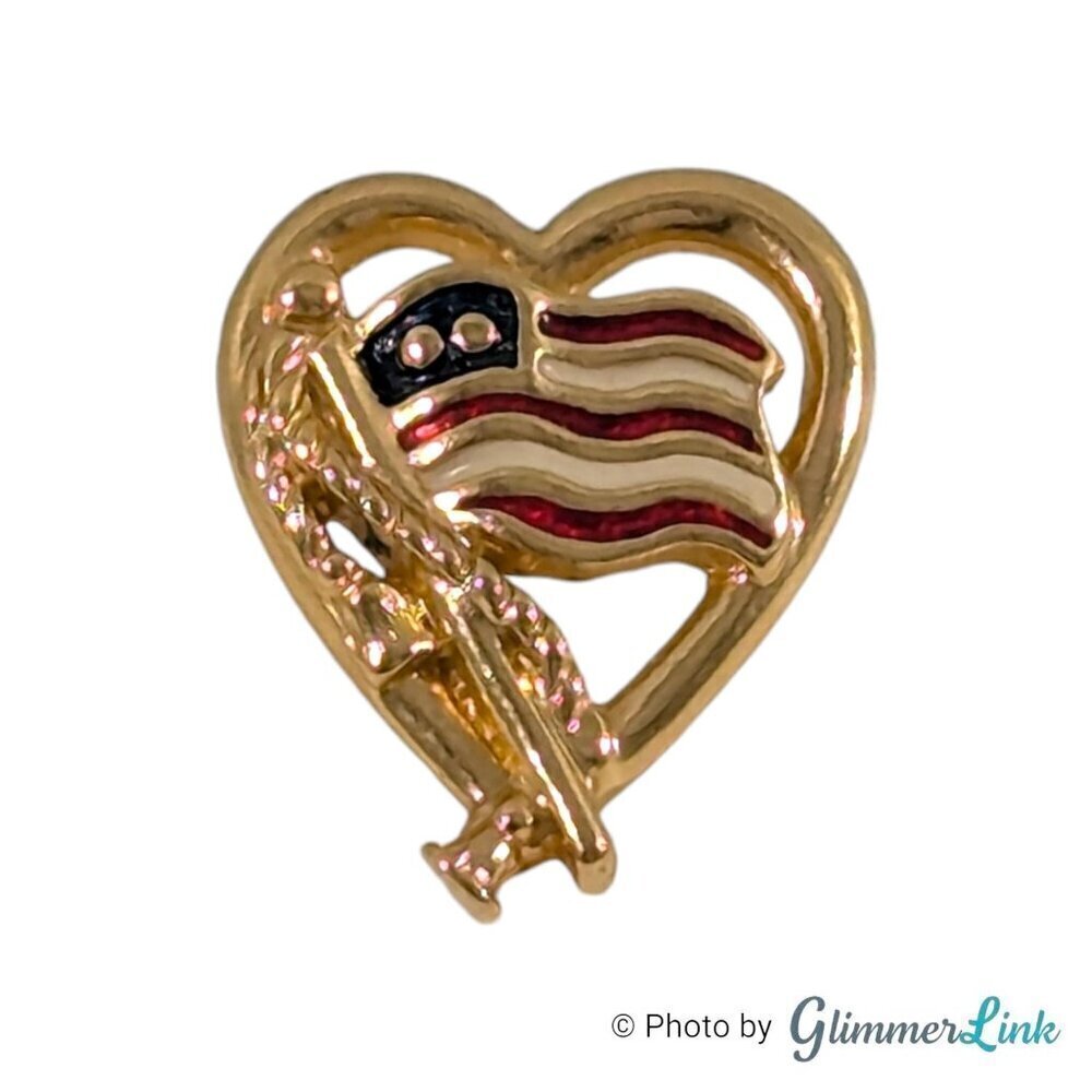 VTG 90s Avon Forever America Patriotic Flag and Heart Gold Tone Tie Tack Pin
